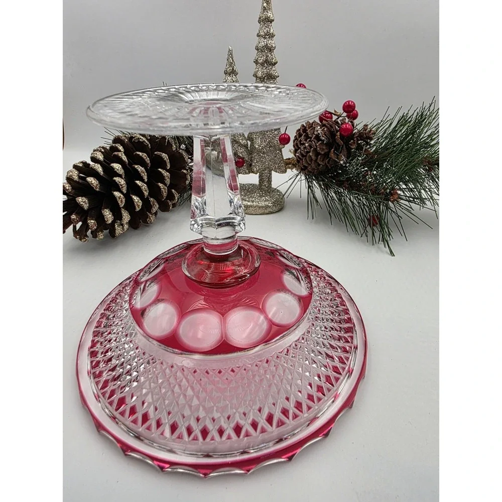 Vintage Cranberry Flash Glass Compote 6